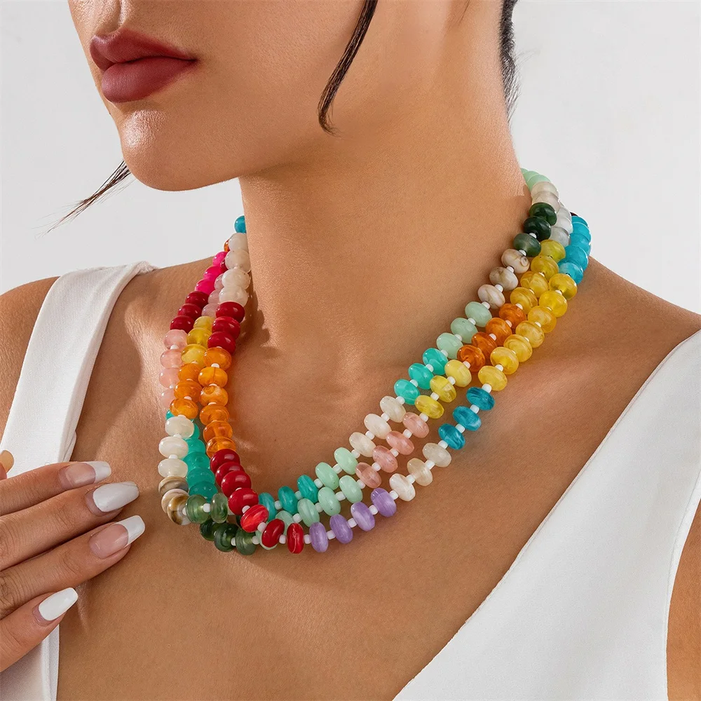 Y2K Colorful Acrylic Bead Necklace for Women Fashion Bohemian Rainbow Color Clavicle Chain Necklace Handmade Neck Accessory Gift