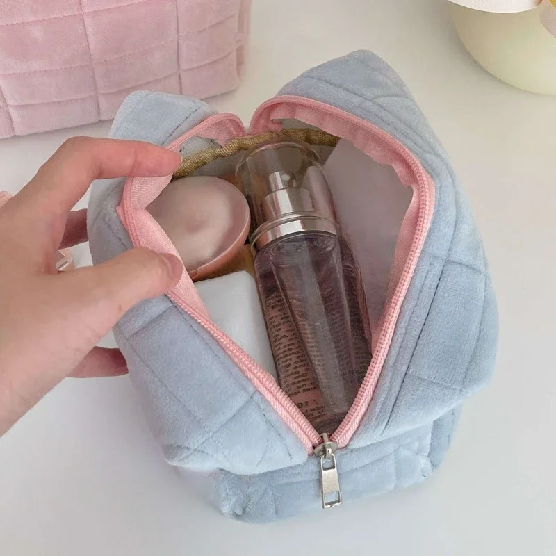 Borsa per il trucco in peluche scozzese tinta unita per le donne borsa per cosmetici grande con cerniera borsa per il trucco da viaggio custodia per