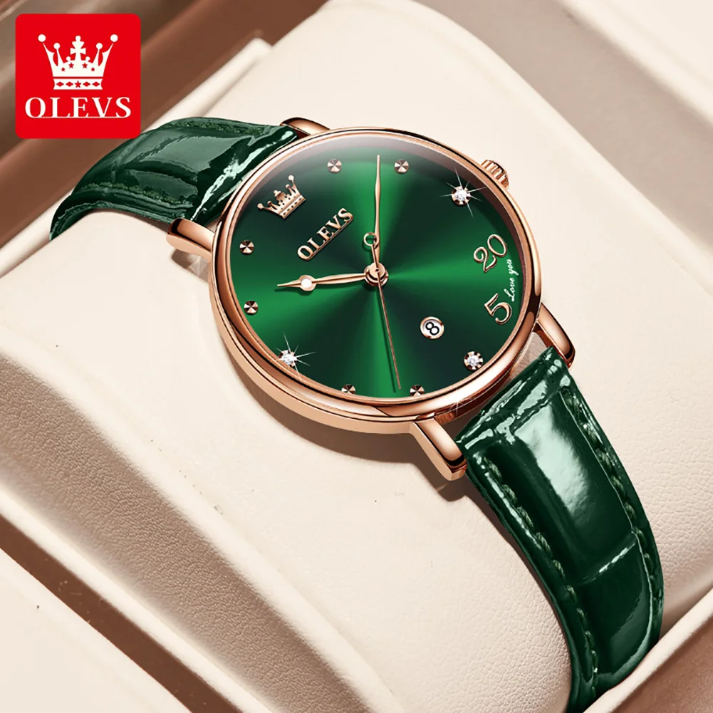 OLEVS 5505 Original Quartz Watch for Women Fashion Genuine Leather Strap Calendar Waterproof Women's Wrist Watch Gifts