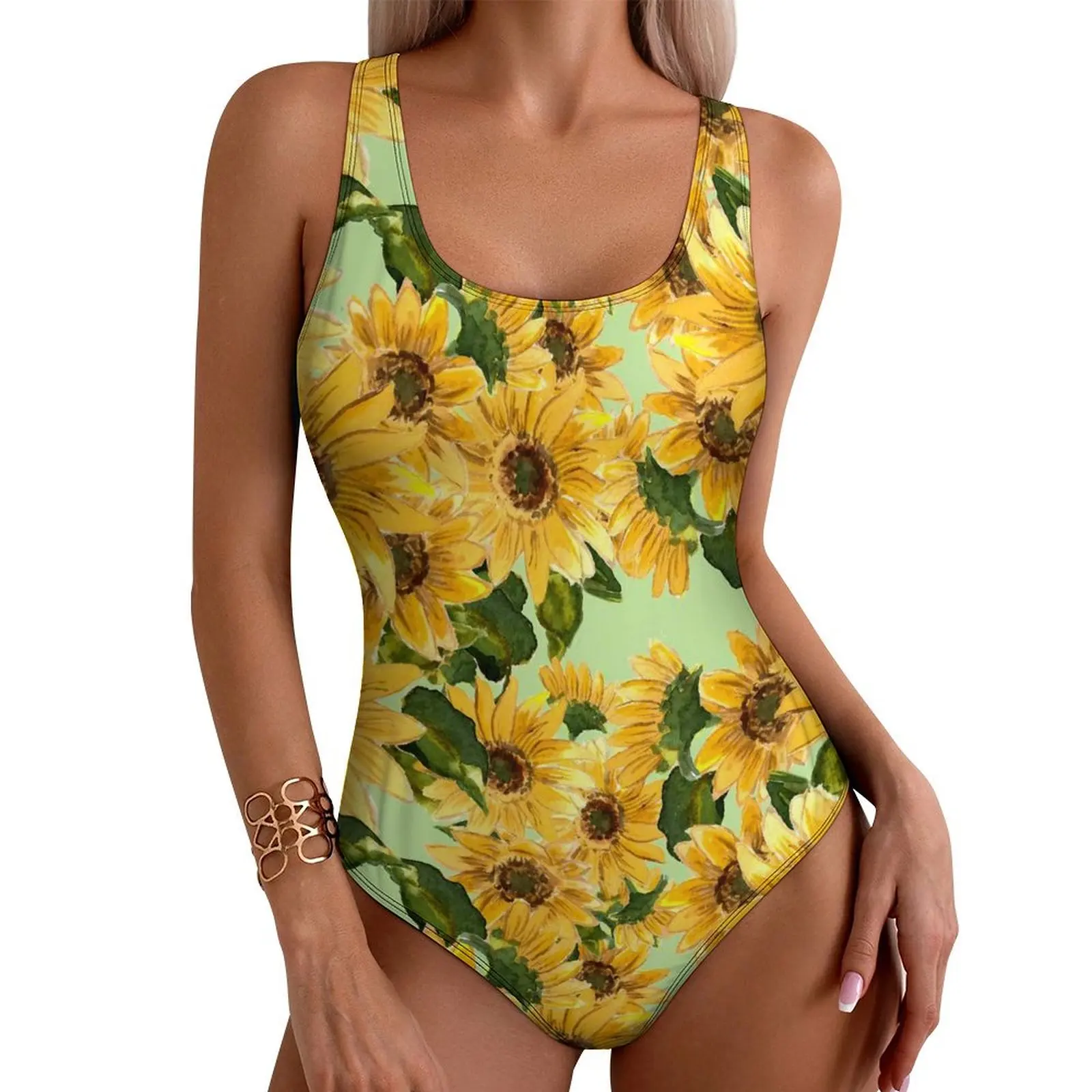 

Blooming Sunflower Swimsuit Sexy Yellow Flowers Female Swimwear One Piece Stylish Swimsuits Beach Push Up Backless Monokini