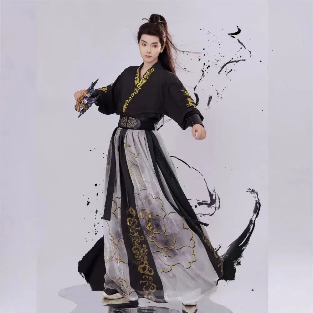 

Men's Cool Fashion Embroidery Hanfu Traditional Chinese Chivalrous Cross Collar Costume Classic Swordsman Cosplay Clothes Dress