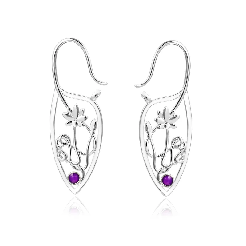 

Women Lotus Flower Silver Plate Earrings Elven Jewelry Floral Water Droplets Dangle Earrings for Women