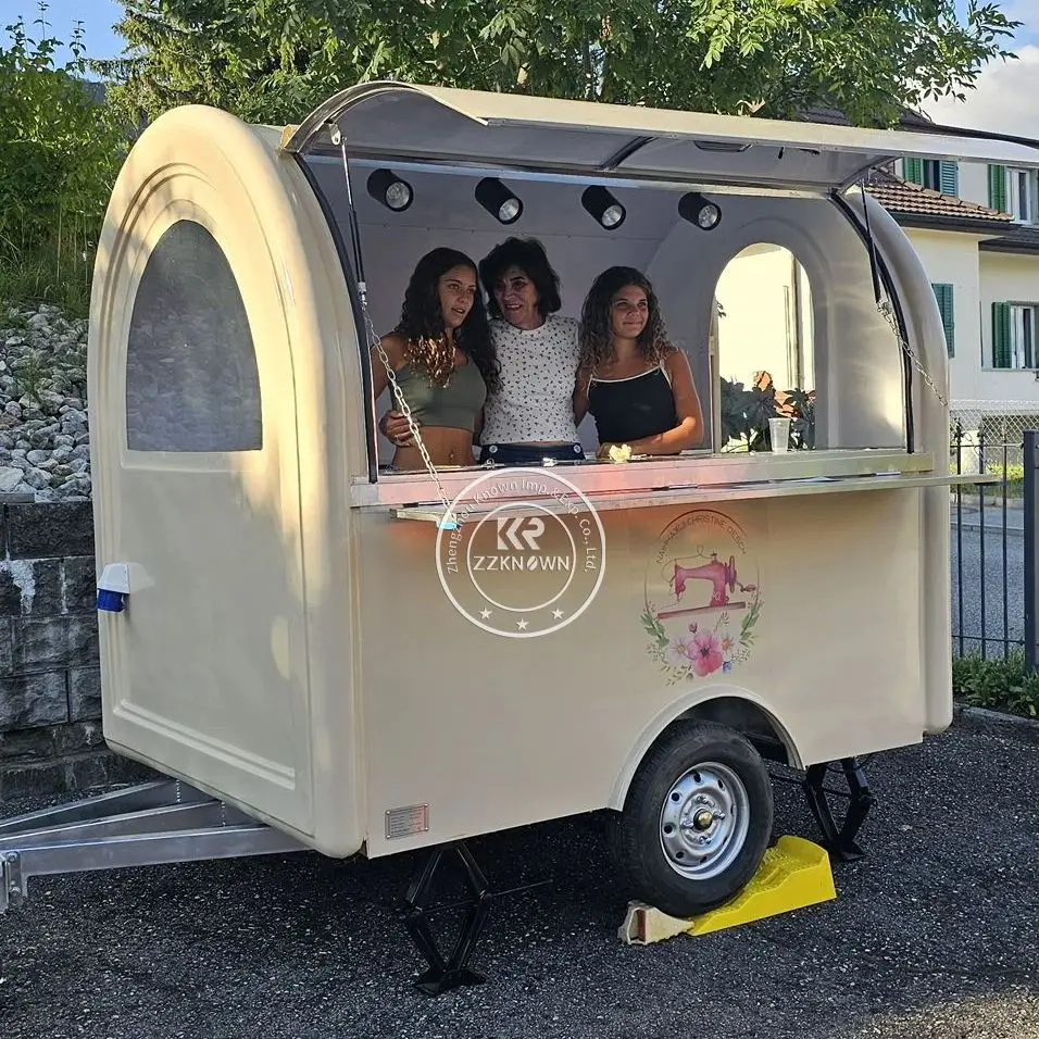 Wózek gastronomiczny o długości 220 cm z maszyną do lodów śnieżnych, mobilny przyczepa gastronomiczna, food truck z akcesoriami do kampera.