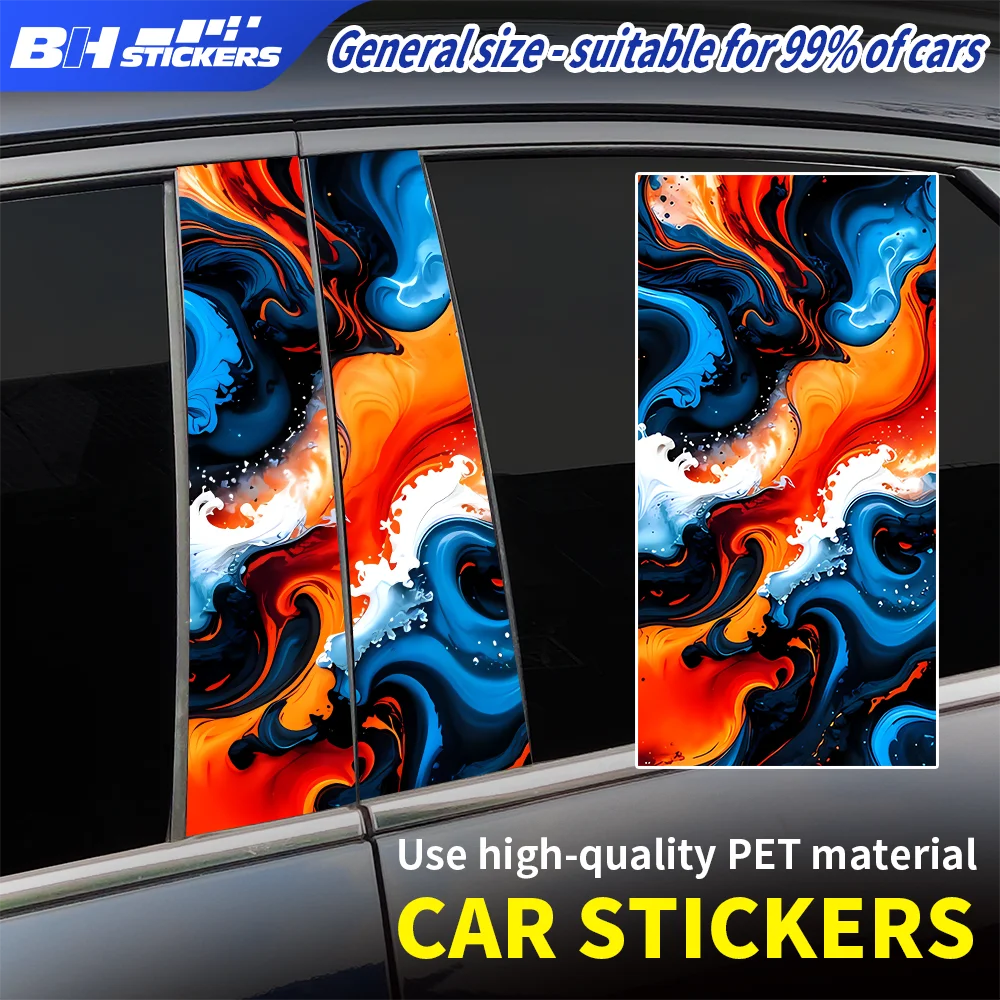 

Matte Blue Flame Car B-Pillar Stickers 2Pcs Abstract Fluid Art Vinyl Decal Universal Auto Pillar Post Trim Wrap Accessories