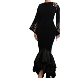 Dress Women Fishtail Dresses Round Neck Full Sleeve Hollow Out Sexy Slim Fit Hip Wrap Tight Waist Elegant Splice Vestidos