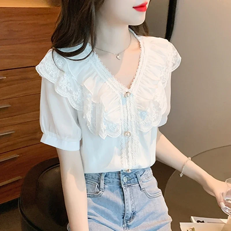 Summer Chiffon Lace Blouses Women 2024 Elegant Fashion White Blusas Femininas Casual Slim Vintage Puff Sleeve Ladies Tops Mujer