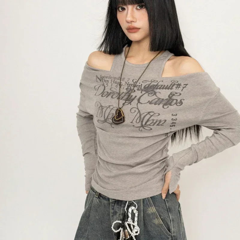 Nowa Popularna Amerykańska Vintage Koszulka Helter Sexy z Odkrytymi Ramionami, Jednolity Nadruk Liter, Krótki Top Alim, Estetyka High Street Y2k