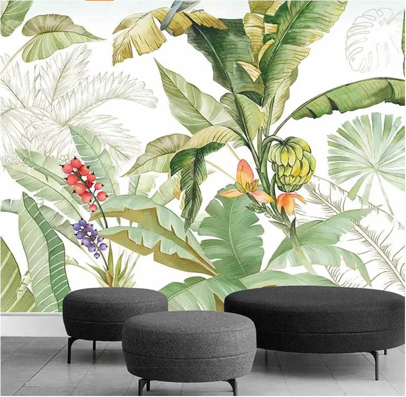 Customized size wallpaper Nordic tropical rainforest banana leaf parrot Bedroom living room sofa background wall 3d wallpaper