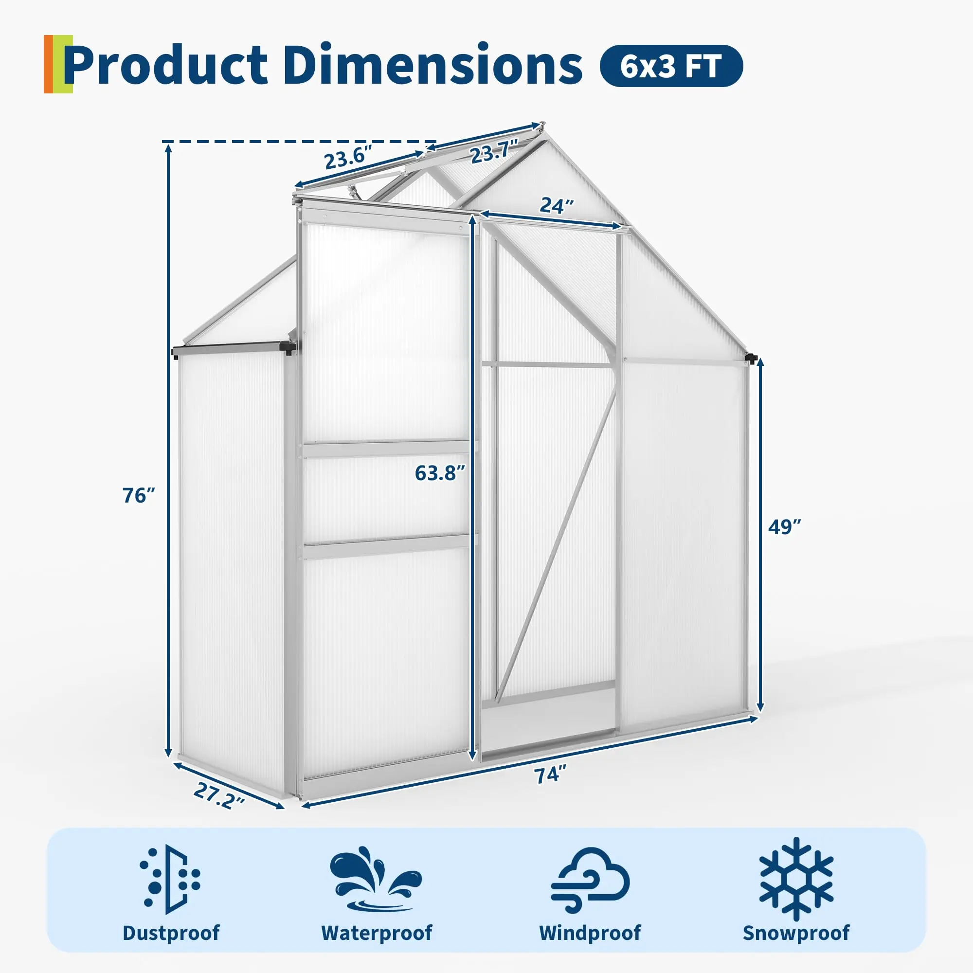6×3 FT Greenhouse for Outdoors, Polycarbonate Greenhouse with Adjustable Roof Vent, Sliding Door and Rain Gutter