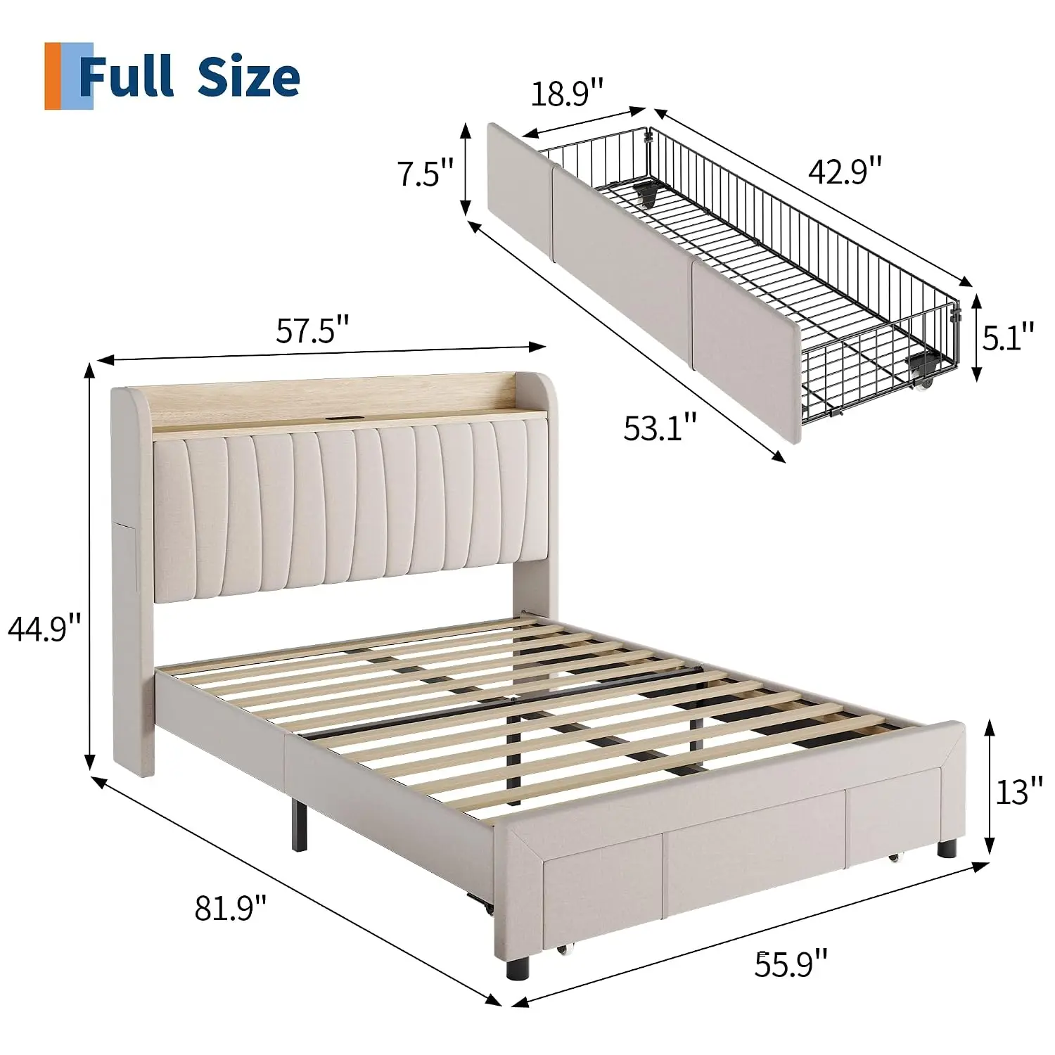 Queen Platform Bed Frame Storage Headboard Charging Station Beige, Customized