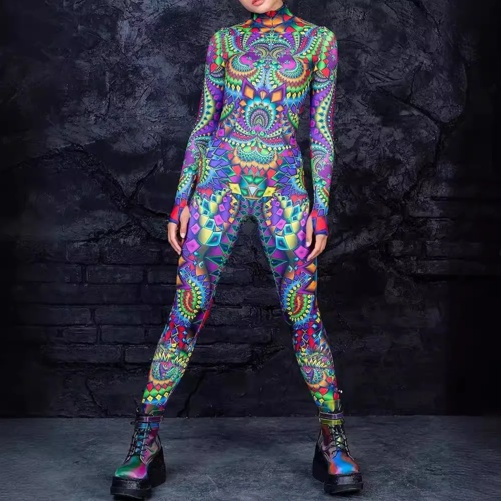 Multicolour Printing Holiday Party Women Rainbow Sexy Skinny Halloween Jumpsuit Wear Onesie Cosplay Costume Elastic Bodysuits
