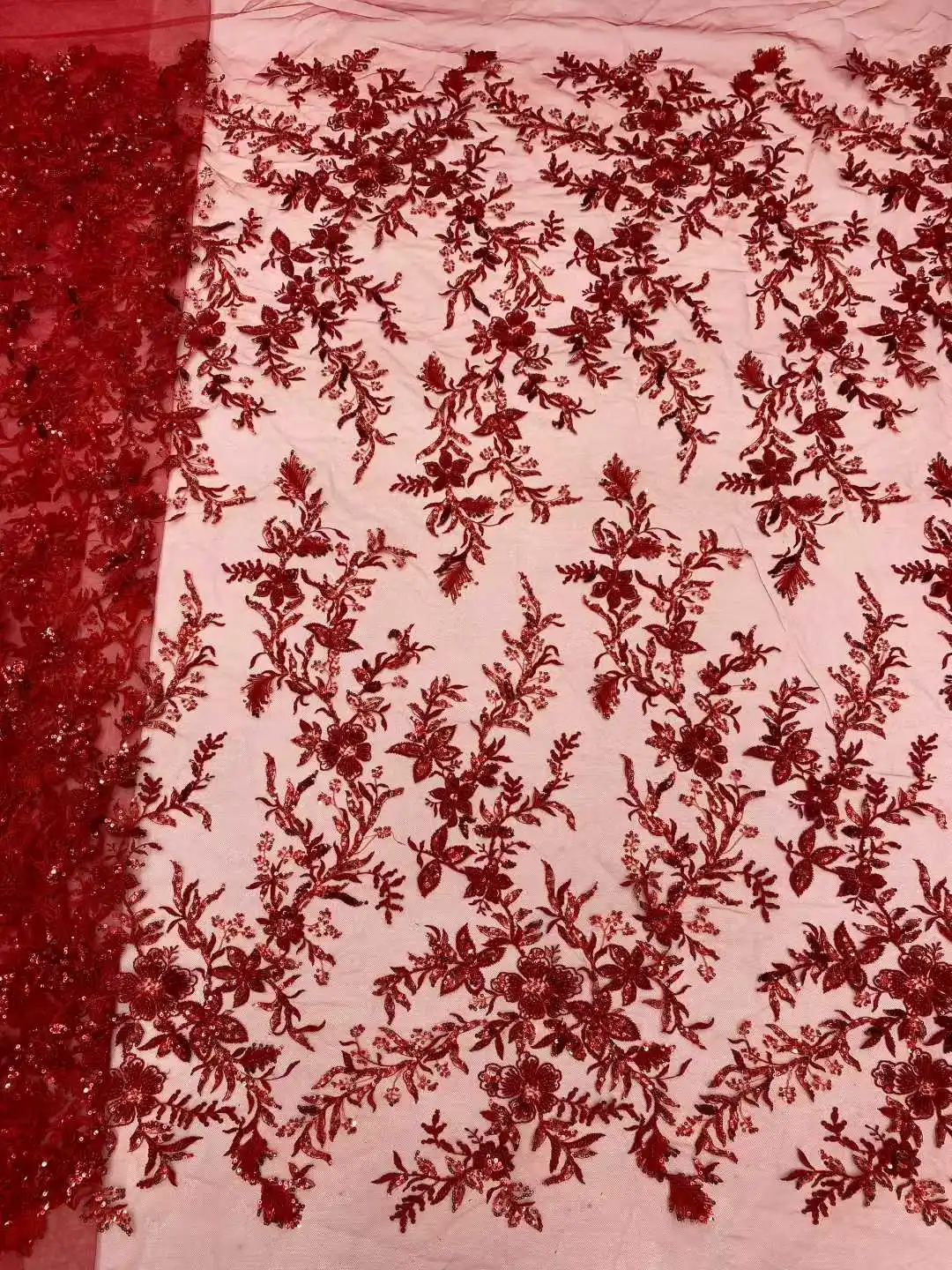 

2026 High Quality Red African Sequins Lace Fabric Nigerian French Beads Mesh Net Lace Fabrics For Sewing Wedding Party Dress 5 Y