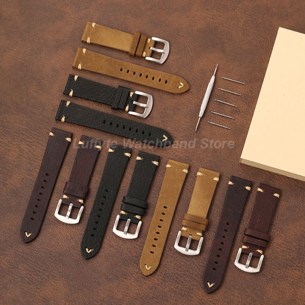 Business Men Lychee Texture Watch Strap 18mm 20mm 22mm with Gift Packing Box Soft Calfskin Genuine Leather Wristband