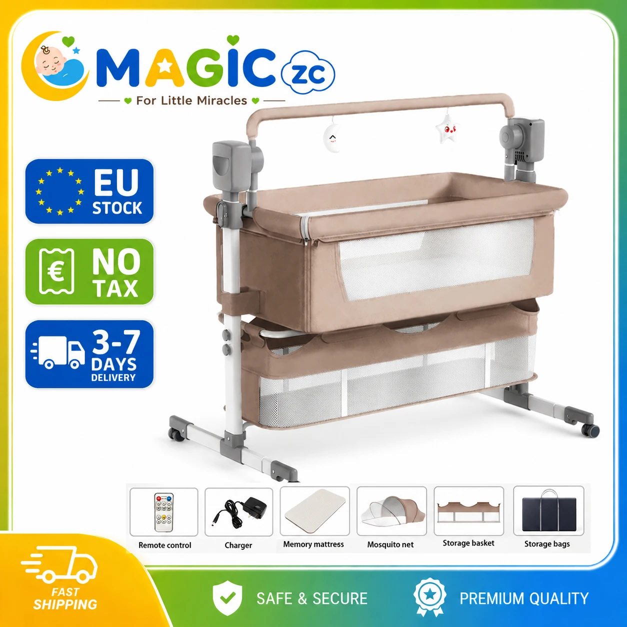 Culla Elettrica per Neonati con Dondolio Automatico a Cinque Velocità, Telecomando, Musica, Timer, Culla da Comodino Regolabile in Altezza con Materas