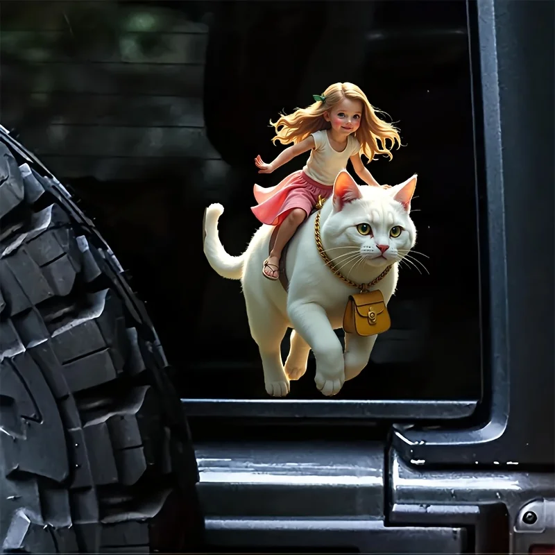 1pc 2D Flat Creative Girl Riding White Cat Vinyl Sticker, Scratch Resistant Decal for Truck Laptop Wall Glass, Holiday Gift