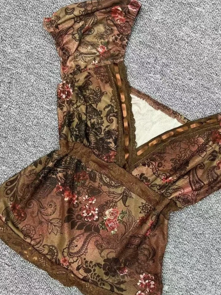 Y2K Boho Floral Wrap Blouse Women Olive Green Lace Trim Cap Sleeve V Neck Ruched Slim Vintage Cottagecore Short Sleeve Top