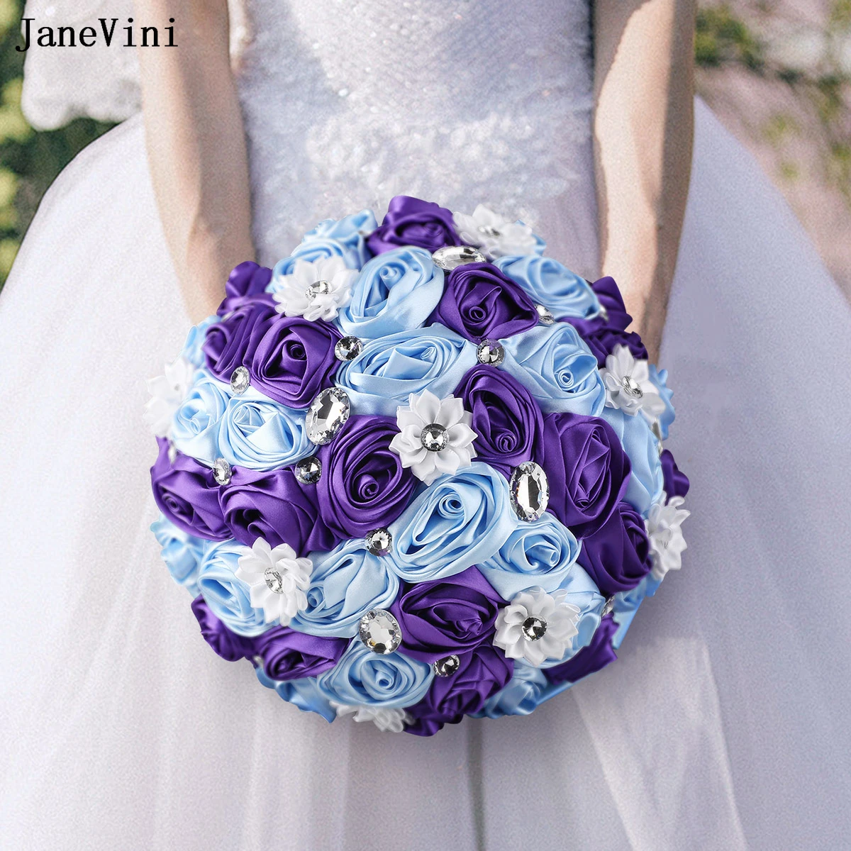 JaneVini New Elegant Light Blue Purple Flowers Bridal Bouquets Crystals Artificial Satin Roses Wedding Brooch Bouquet Customized