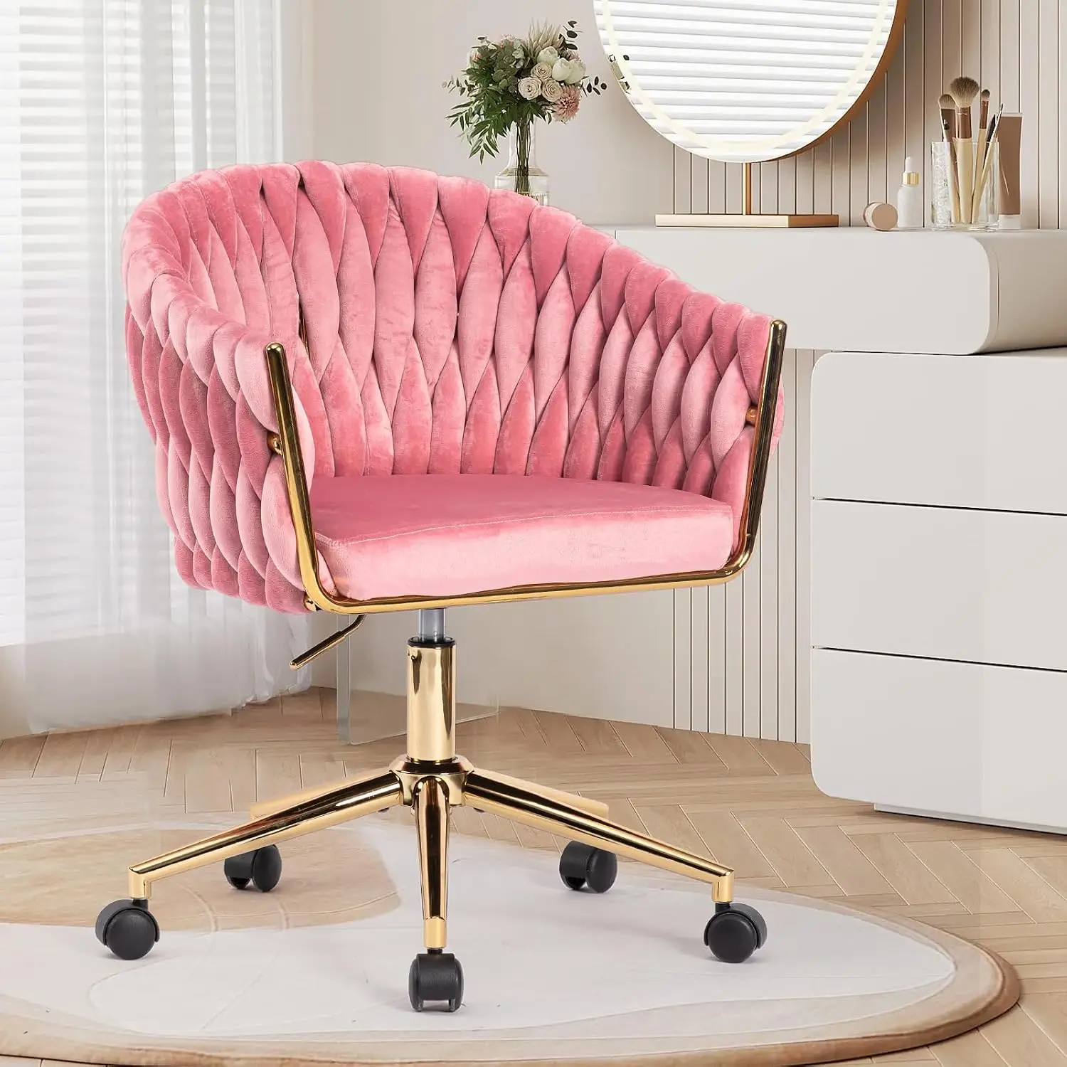 Cute Fabric Vanity Office Desk Rolling Chair With Back Wheel, Customized