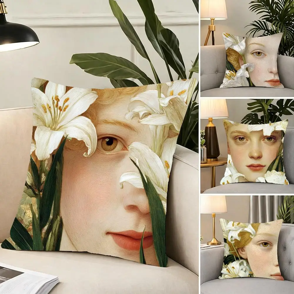 Aesthetic Floral Art Lilies Cushion Cover Portable floor cushion for travel Yoga Minimalist text 2way tricot