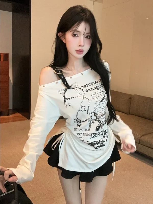 

Trendy Design Base Layer Shirt Irregular Shoulder Drawstring Long Sleeve Inner Wear Top Korean Style Knitted Autumn Fashion