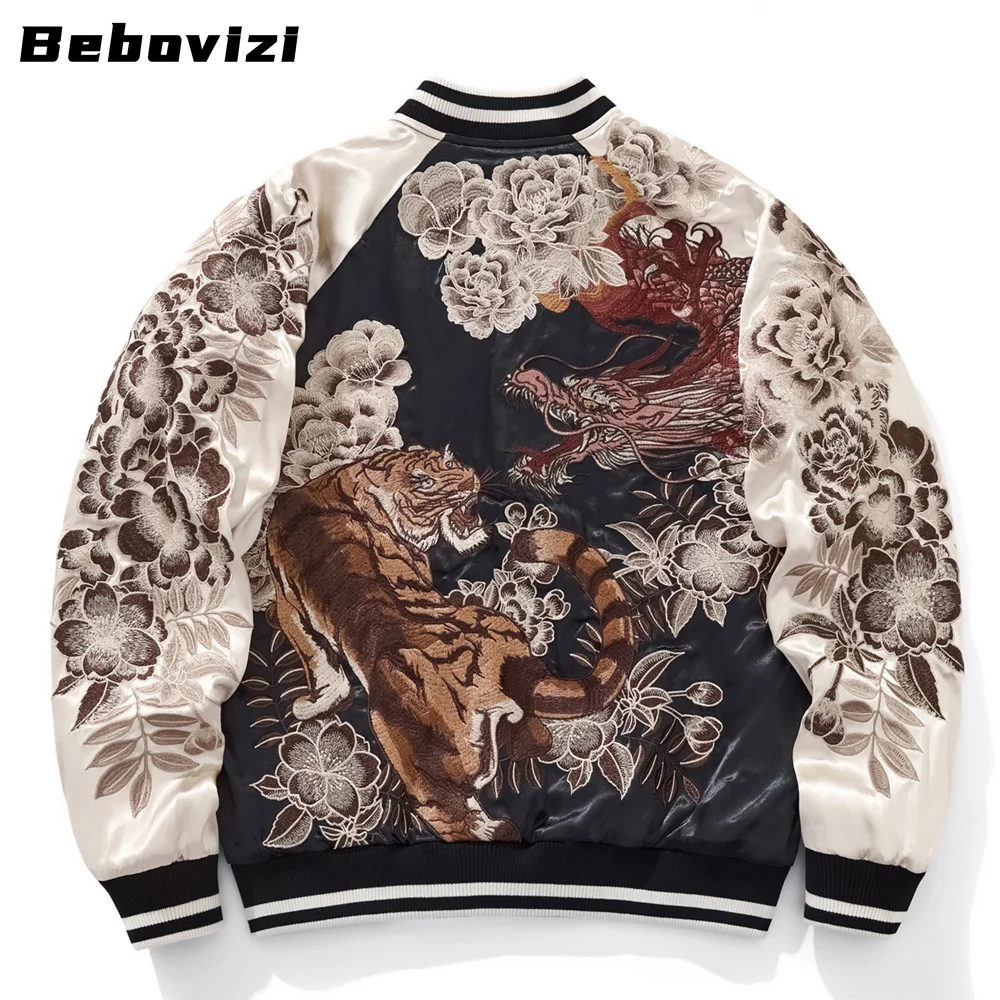 Harajuku Yokosuka Dragon and Tiger Flowers Embroidered Zipper Jacket Autumn Street Hip Hop Men's Japanese Baseball Coat