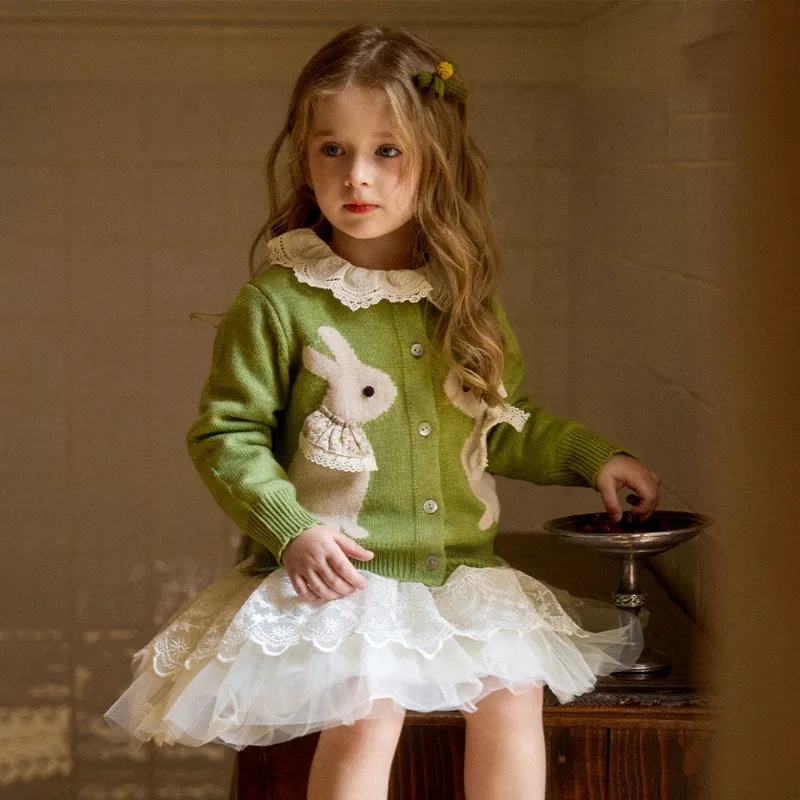 OLEKID Children Girls Knitted Jacquard Cardigan Autumn 2-8Y Girls Rabbbit Lace Sweater Coat Toddler Infant Girls Flower Knitwear