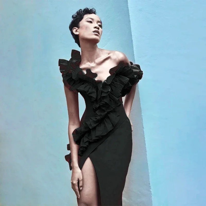 Nero Rosso Colore Donna Senza maniche Sexy Al largo della spalla Volant Aderente Abito lungo dalla fasciatura Nightclub Party Celebrate Outfit