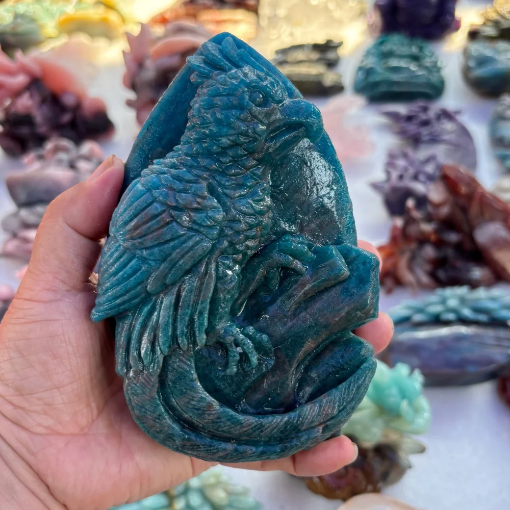 Natural Blue Apatite Parrot Hand Carved Crystal Statue Throat Chakra Reiki Healing Stone Home Altar Decor Collection Gift