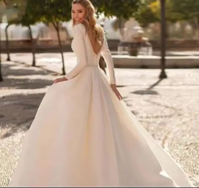A Line Backles Satin Beading Bridal Gowns With Sweep Train Custom Made Covered Button Back Elegant Long Sleeves Wedding Dresses