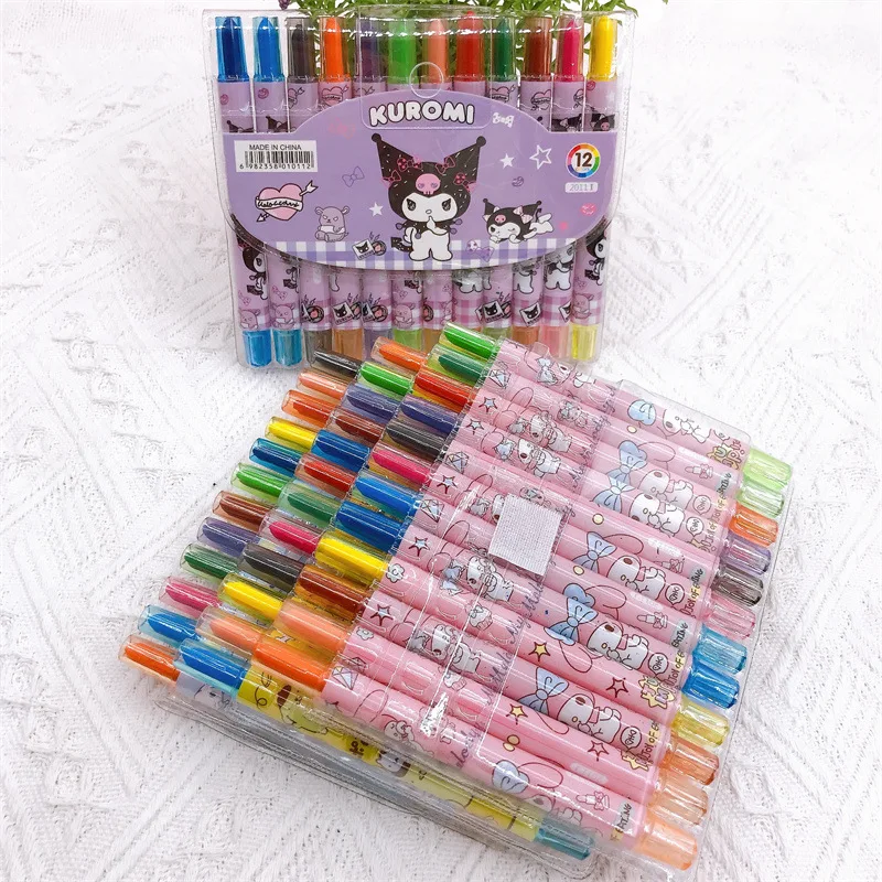 Sanrio 12 Colors Rotary Painting Pen cinnamoroll Accessories Cute Kawaii Cartoon Anime Short Graffiti Crayons Toy for Girl Gift