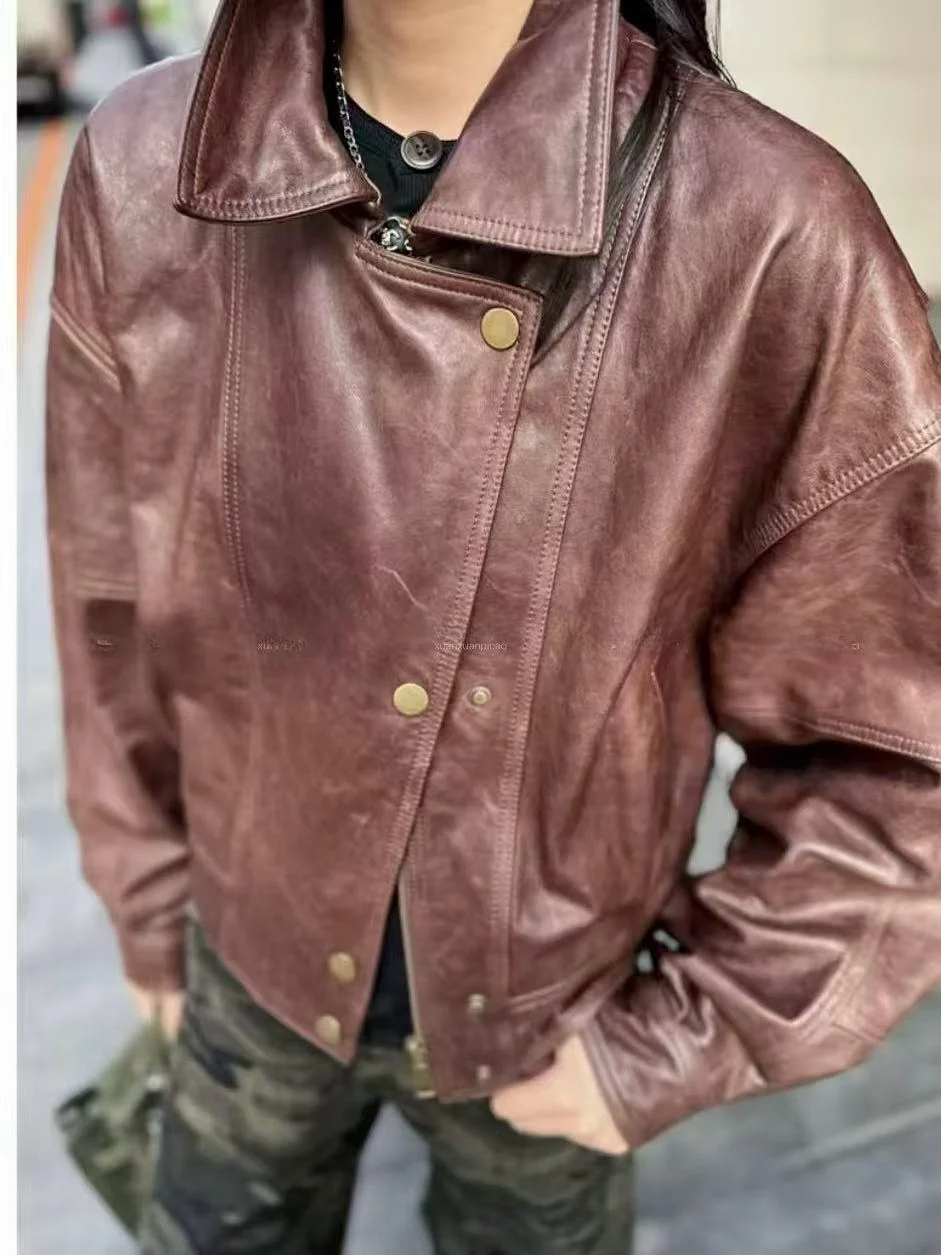 2025년 신상 여성용 천연 가죽 자켓 슬림핏 바이커 코트 패셔너블 출퇴근용 롱 슬리브 지퍼