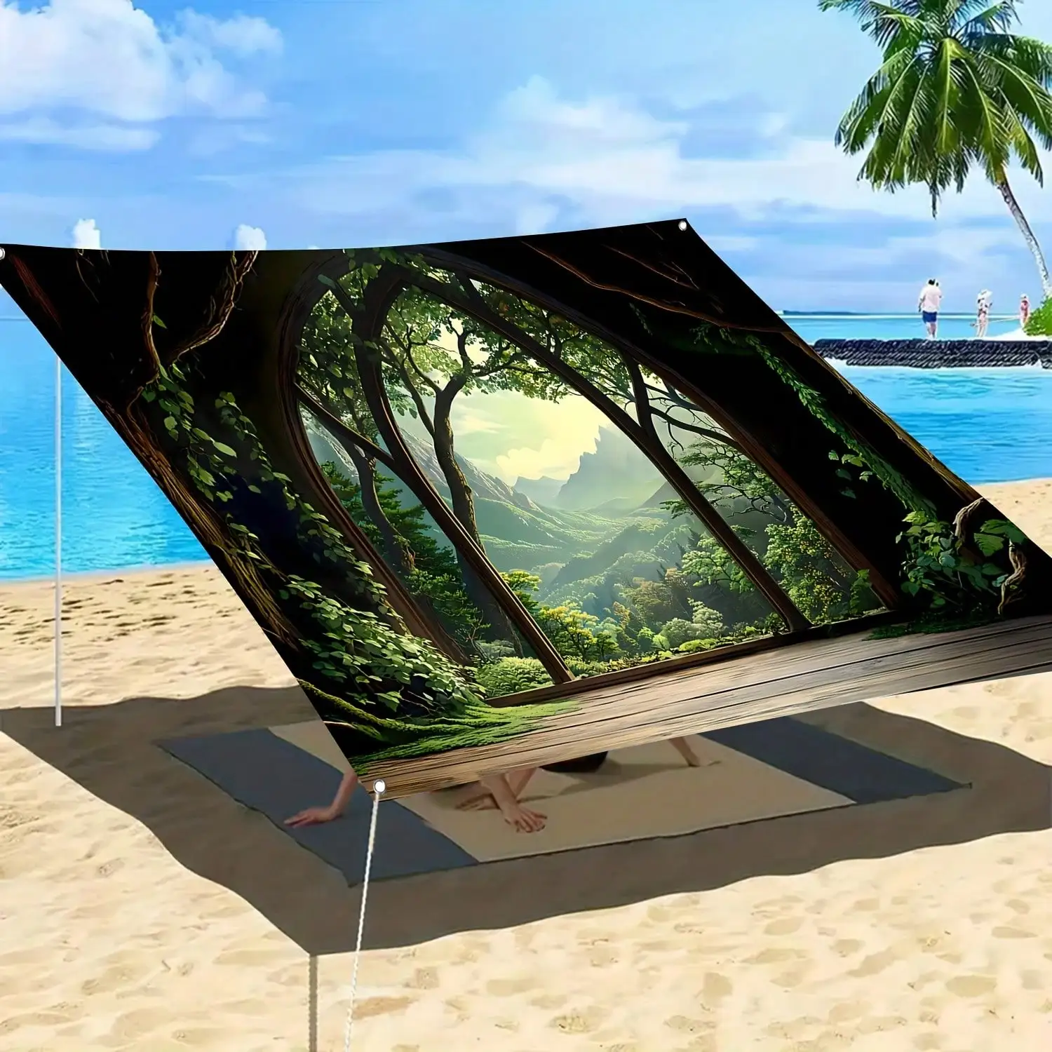 

Forest Mountain View Tree Sunshade Awning Beach Camping Garden Picnic Sun Umbrella Without Bracket, Polyester Material S3ID