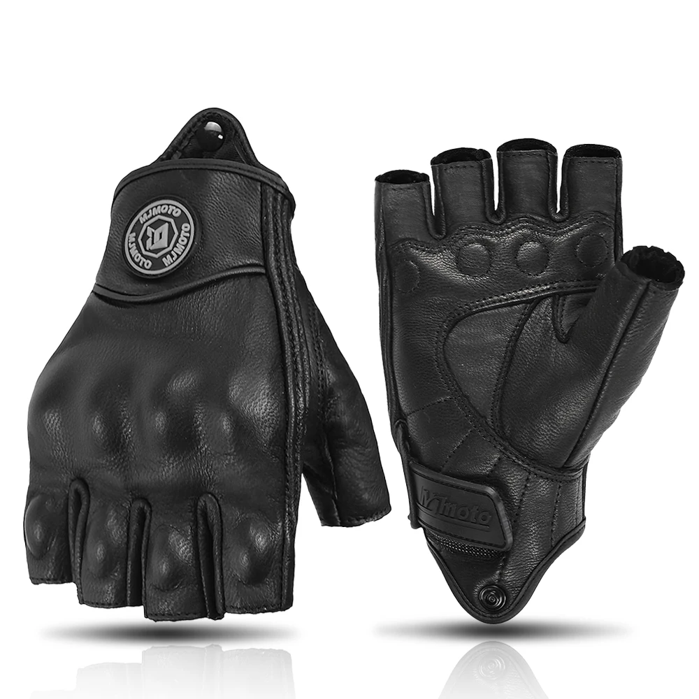 MJMOTO Retro Leder Motorrad Halbfingerhandschuhe Touchscreen Motocross Handschuhe Hartschalenschutz Motorradhandschuh Atmungsaktiv