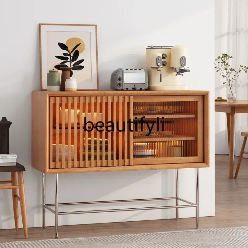 Japanese-style side cabinet solid wood Nordic living room tea, sofa, cherry wood wine, glass locker