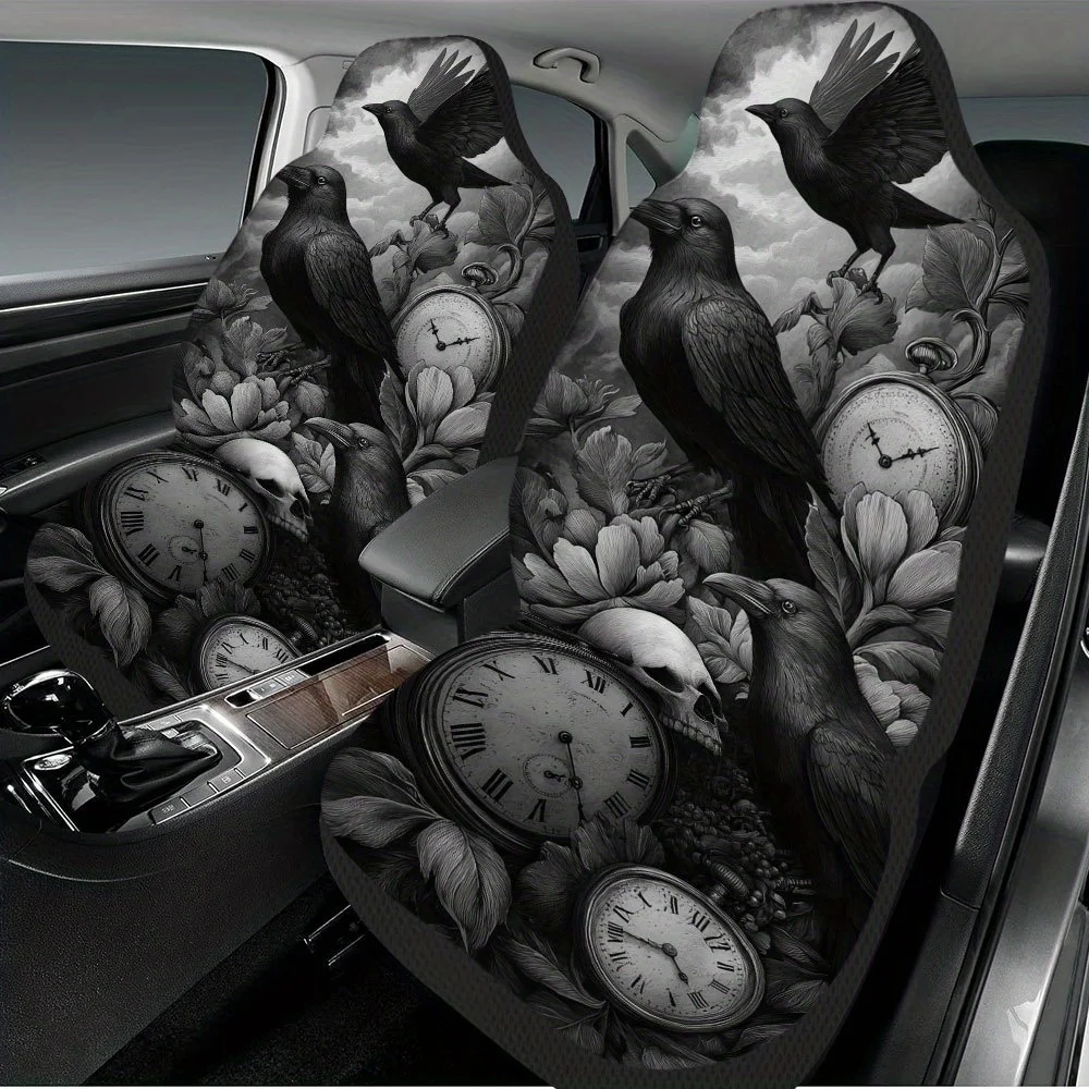 2pcs Halloween Skull And Raven Print Car Seat Covers – Universal Fit For Cars, Trucks, Vans, And SUVs | Durable Seat Protectors