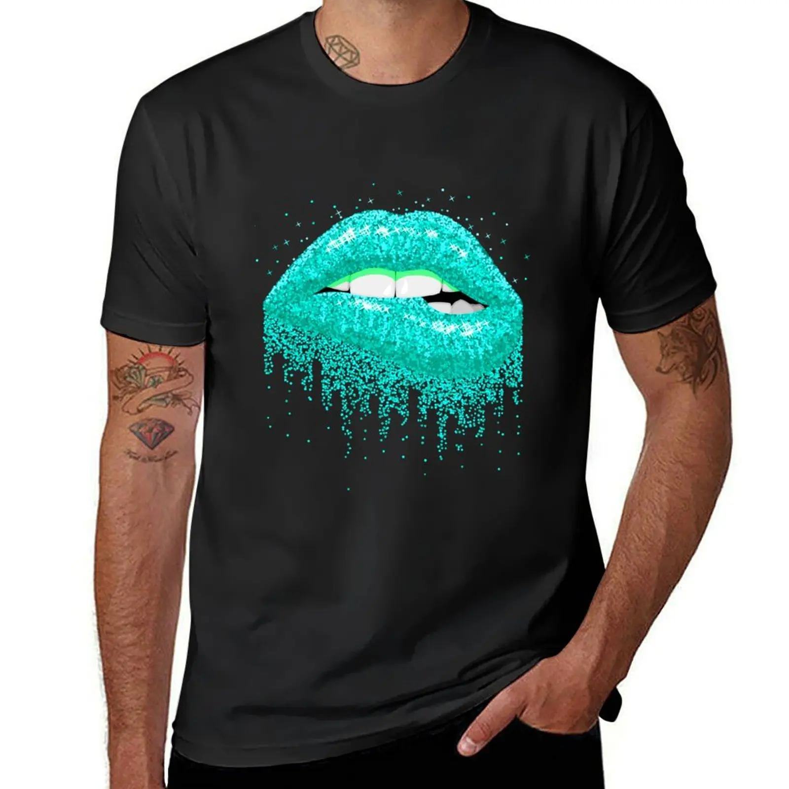 Cyan Glittered lips T-Shirt cute clothes plain plus sizes Men's t-shirts