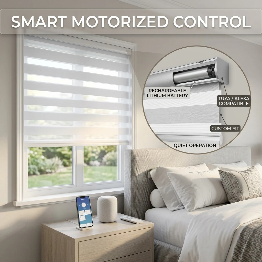 Customized Motorized Zebra Window Blinds Dual Layer Light Filtering Blackout Shades Rechargeable Battery Powered Smart Home Curt