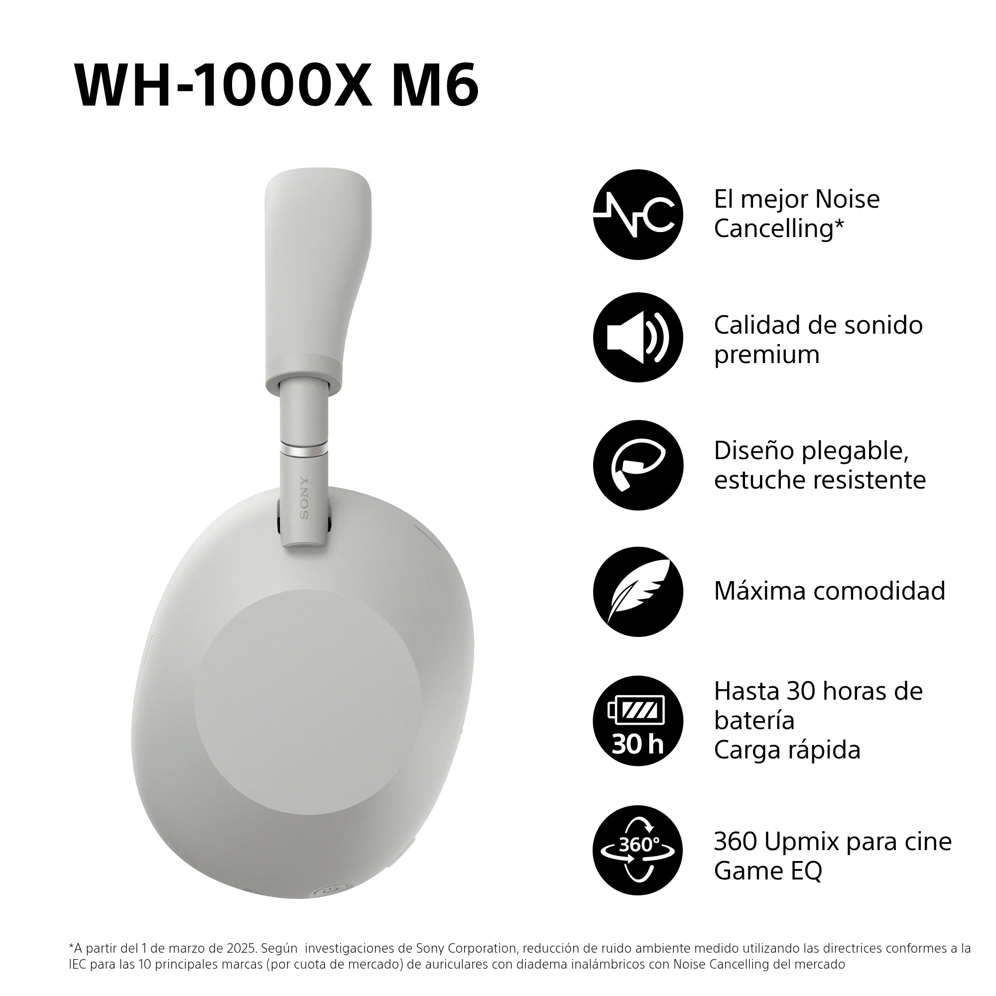 Sony WH-1000XM6 Auriculares Bluetooth inalámbricos con Noise Cancelling, Sonido de Alta resolución, diseño Plegable, Estuche Resistente, 30 Horas de batería 6