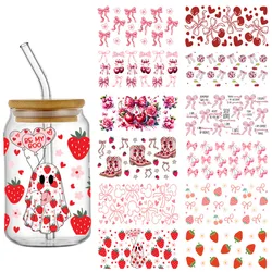 3D UV DTF Strawberry Christmas Bow Transfer Sticker For 16OZ Libbey Glass Cup Wrap Can Custom Labels DIY Waterproof Selfadhesive