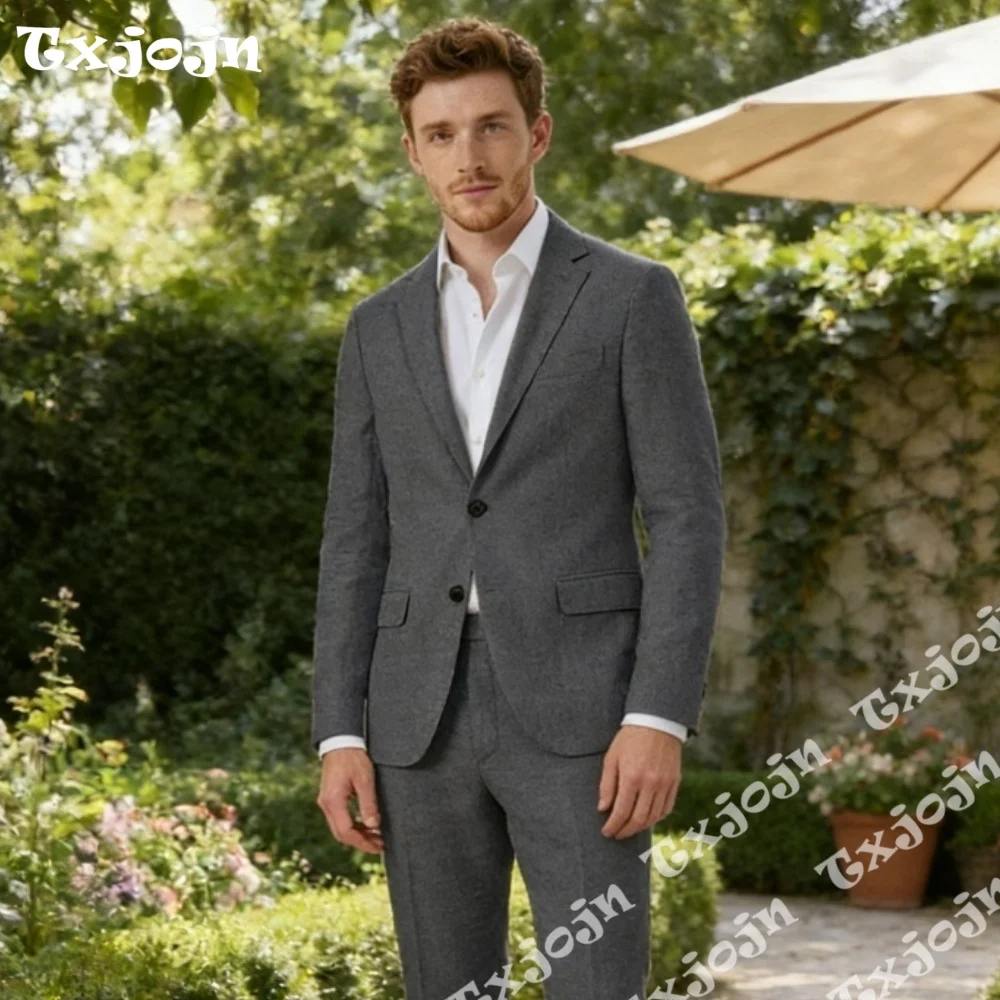 

Elegant Grey Linen Men 2PCS Suits Notch Lapel Slim Fit Blazer Pants Wedding Prom Party Business Occasions Groom Costume Homme