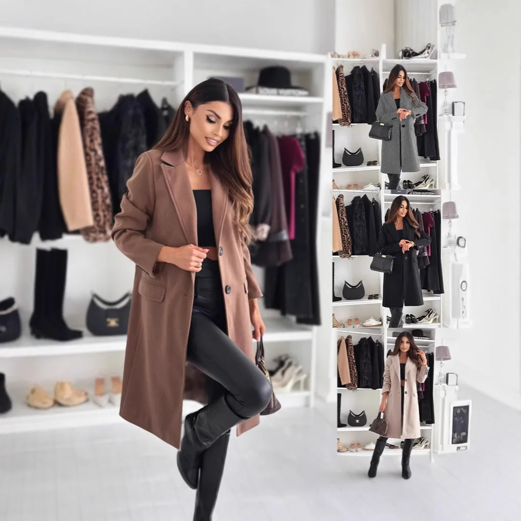 

Women's outerwear 2025 autumn and winter simple long sleeved solid color with pockets woolen coat women's clothing