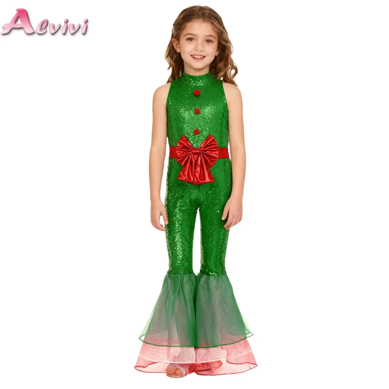 

Kids Girls Sequin Pompom Bowknot Decor Tiered Flared Legs Jumpsuit for Christmas Santa Claus Elf Holiday Festival Birthday Party
