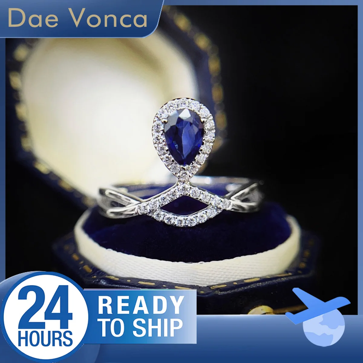 

Delicate Center Stone Pear Cut Lab Grown sapphire Accented by Round Lab Diamond 18K White Gold Crown Shaped Ring Women's Jewelry