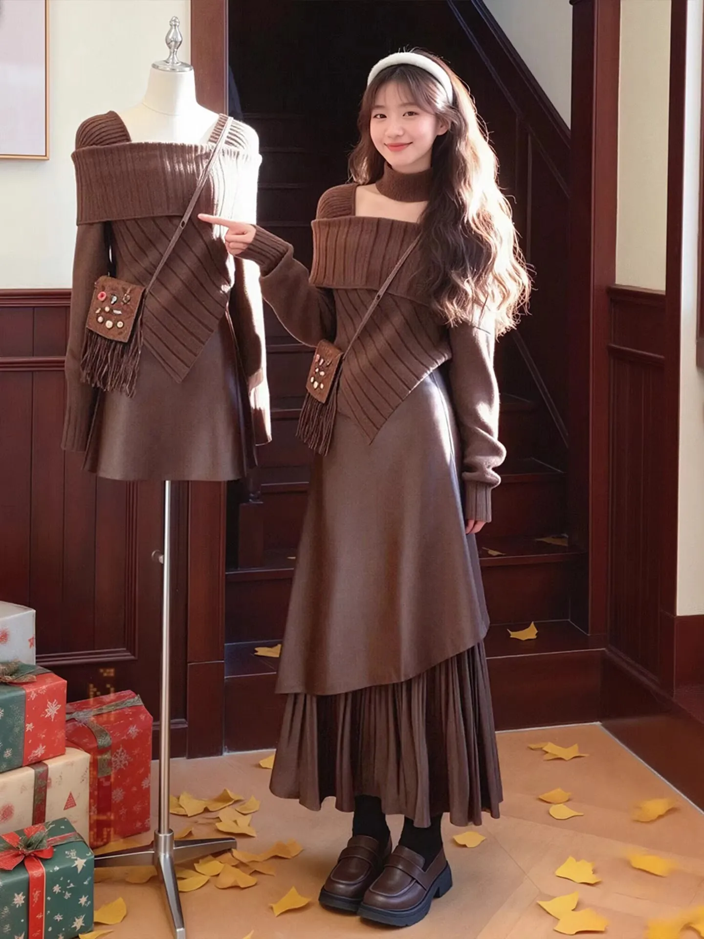 

Осенне-зимний женский вязаный комплект с асимметричной юбкой из искусственной кожи в корейском ретро-стиле, больших размеров, модный повседневный, с высокой талией, длинный рукав