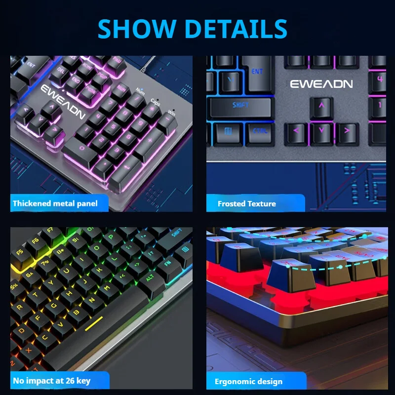 EWEADN Gaming Keyboard, Thickened Metal Panel, Matte Finish, Silent Ergonomic Design, for Home, Office, and Gamers