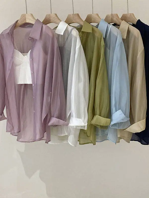

plus Size Summer Loose Fit Sun Protection Shirt Women's Thin Chiffon Silk Outerwear Long Sleeve Top Korean Style Casual Wear