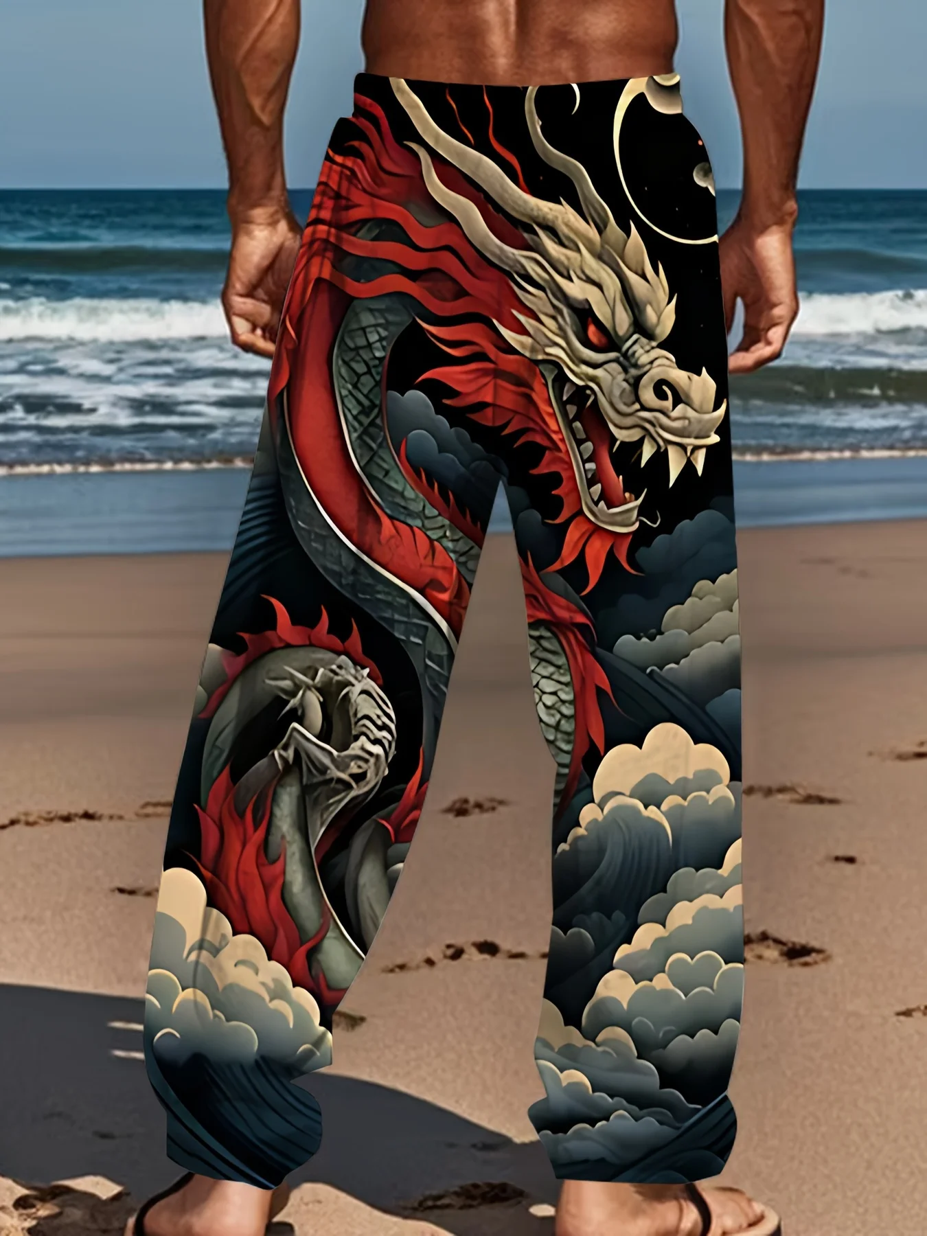 Trendy Unisex Fantasy Art Straight‑Leg Jogger Trousers Men Women Cloud Wave Print Retro Urban Street‑Wear Casual Daily Bottoms