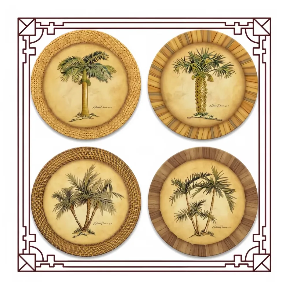 

Natural Absorbent Stone Coasters Set of 4 with Palm Design, Neutral Table Protectors for Drinks and Home Bar Decor
