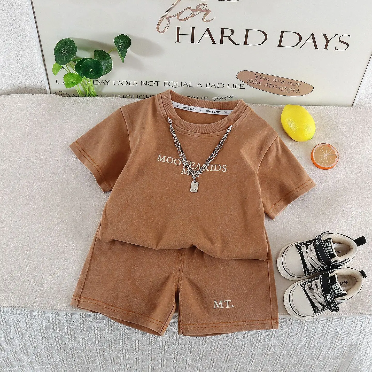 Toddler Boys Summer Outfit Set Kids Suit 1-5T Washed Letter Print T-shirt and Elastic Waist Shorts Multi Color Casual Daily Wear