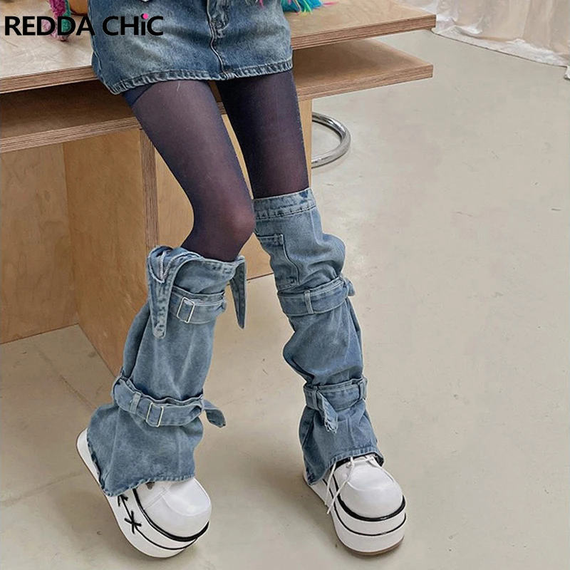 REDDACHiC Asymmetric Belted Denim Leg Warmers Women Retro Blue Wash Y2k Pocket Cargo Knee Long Socks Harajuku Grayu Boots Cover